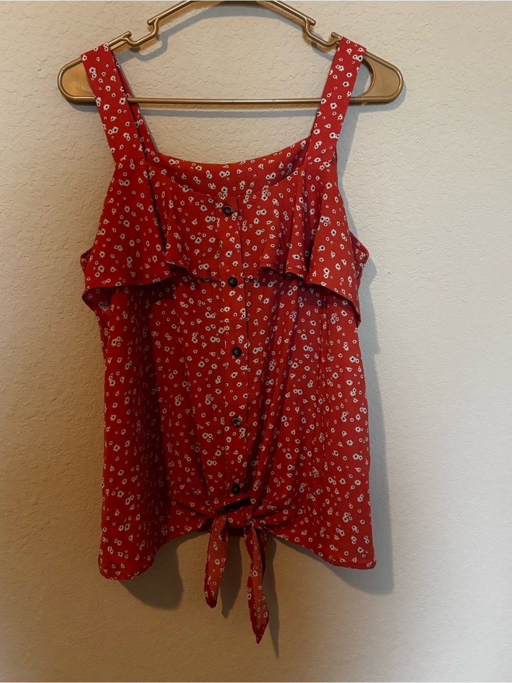 Mod Lusive Womens Coral Red Floral Ruffled Tank Button Tie-Front Size Medium